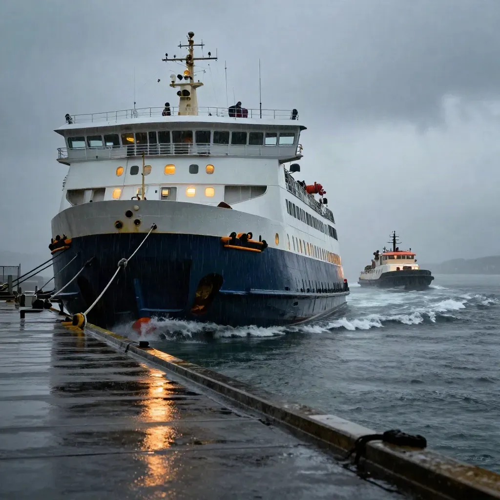 Traghetto al crepuscolo entra in porto sotto la pioggia, con rimorchiatore e scie d’acqua.