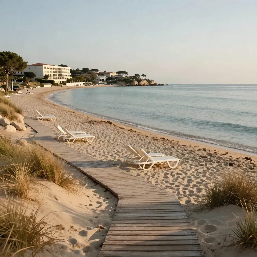 Spiaggia tranquilla della Costa Smeralda con lettini, passerella e hotel sul mare al tramonto