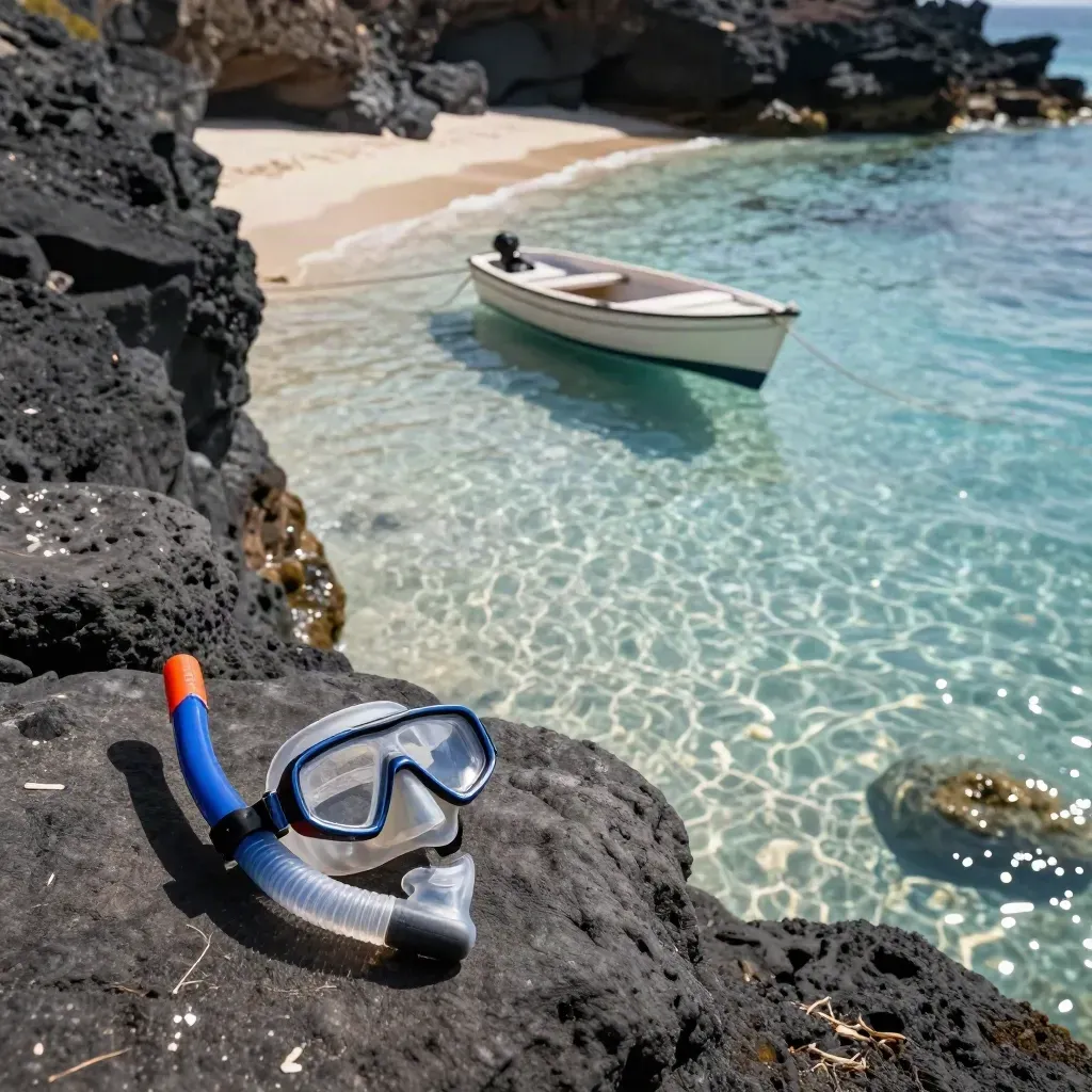 Cala vulcanica dall’alto con gommone, maschera snorkeling e acqua turchese trasparente.