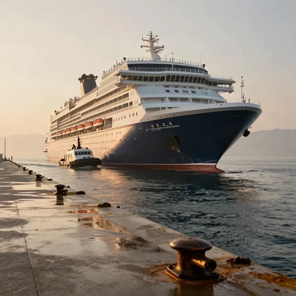 Nave da crociera lascia il porto all’alba, con rimorchiatore e molo in controluce.