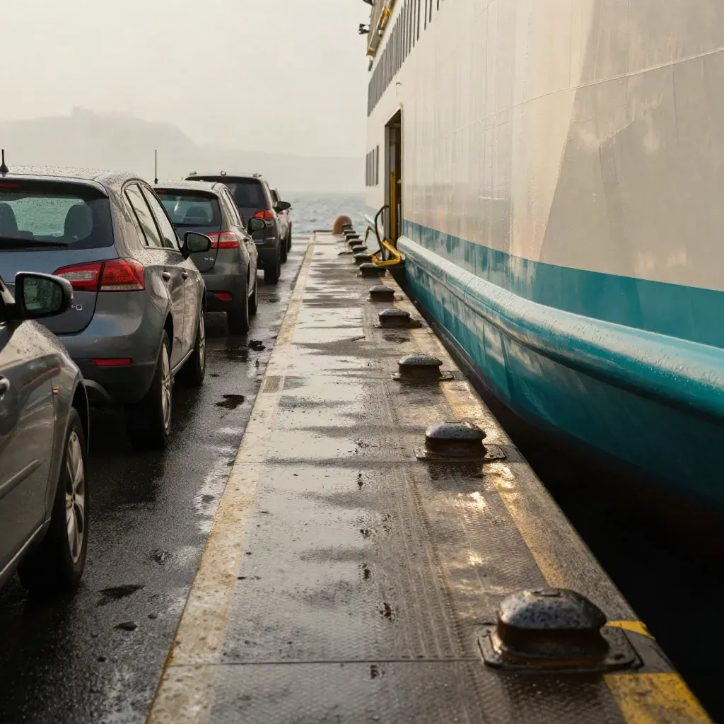 Rampa del traghetto per Ischia con auto in fila e prua pronta all’imbarco, luce umida del mattino.