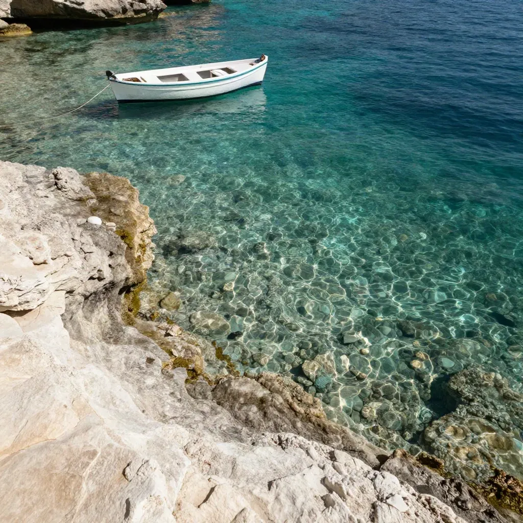 Caletta di Favignana dall'alto con gozzo ormeggiato, fondale chiaro e rocce sommerse in acqua trasparente