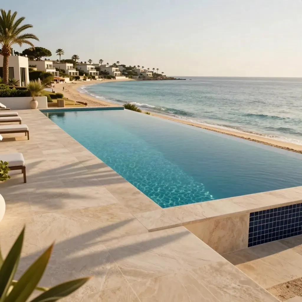 Resort sul mare con piscina a sfioro, terrazza in pietra e accesso diretto alla spiaggia