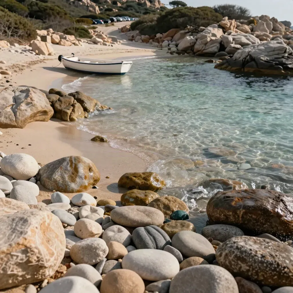 Cala sarda in bassa marea con acqua trasparente, rocce chiare, barca e parcheggio sullo sfondo.