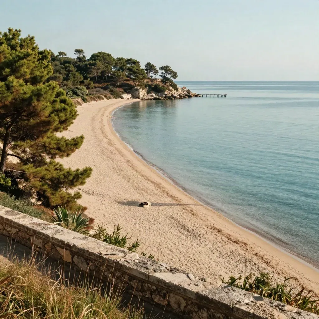 Spiaggia lunga di Rodi Garganico vista dall’alto con pineta, mare calmo e pontili sul lato.