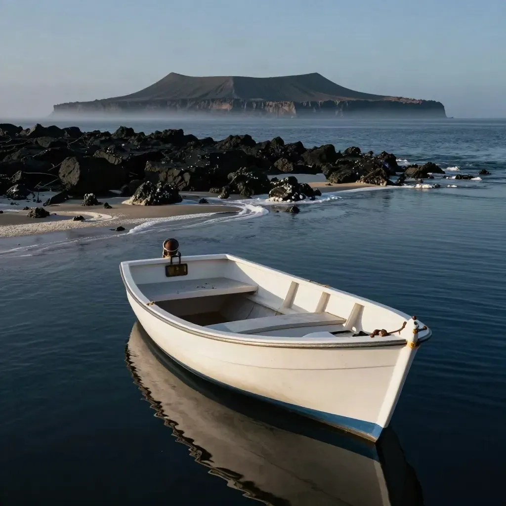 Ancora e barca bianca davanti a uno scoglio nero delle Eolie, mare profondo e luce radente.