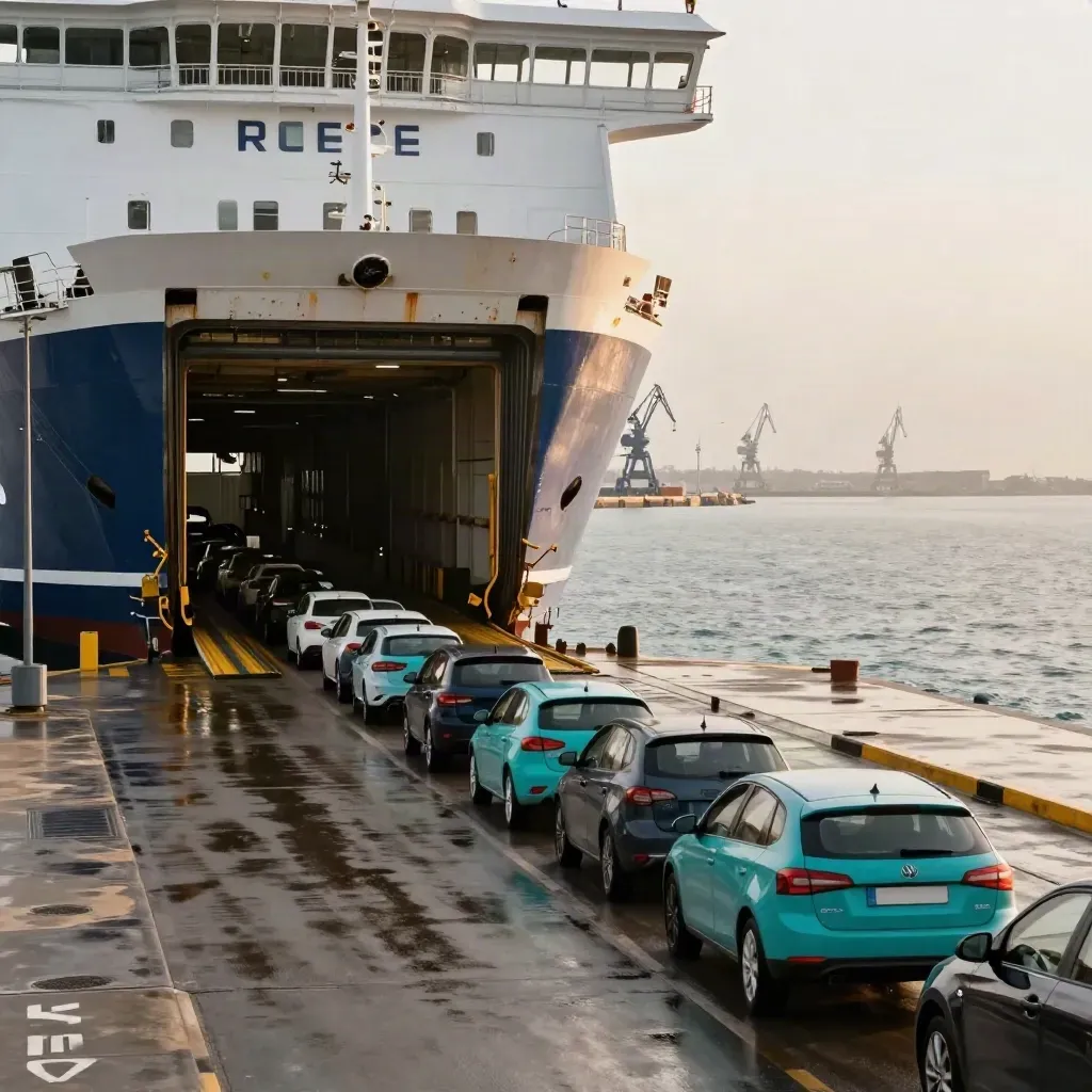 Auto in fila salgono su un traghetto per la Grecia in un porto adriatico, mare aperto sullo sfondo.
