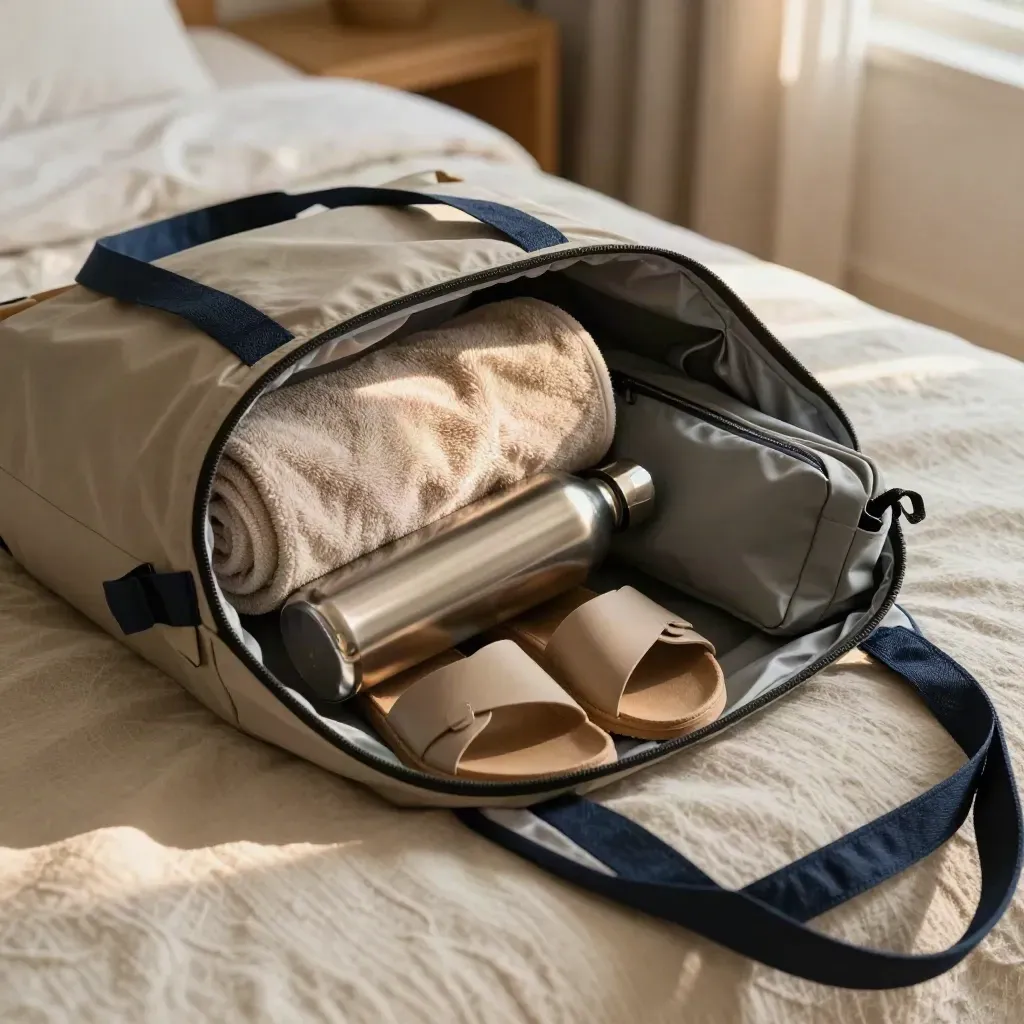 Bagaglio da mare aperto su letto chiaro con asciugamano, borraccia, sandali e custodia impermeabile