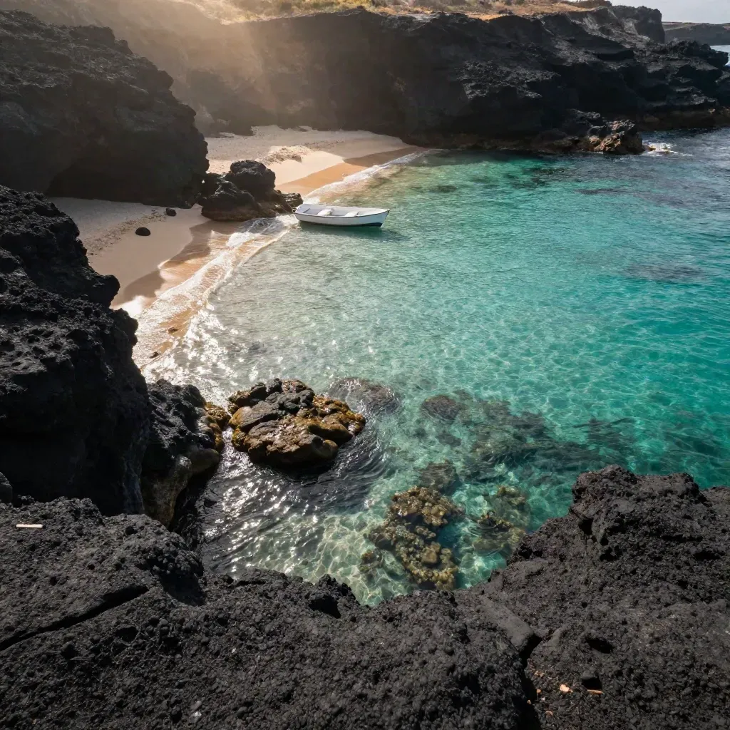 Baia per snorkeling vista dall’alto, acqua turchese, barchetta e scogli neri