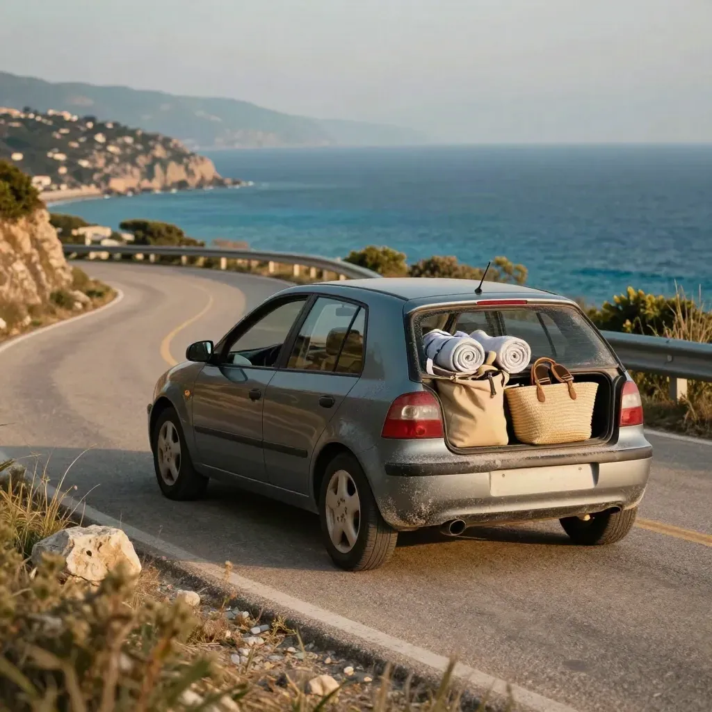 Auto carica di borse mare sulla litoranea, mare azzurro sullo sfondo, partenza per il weekend