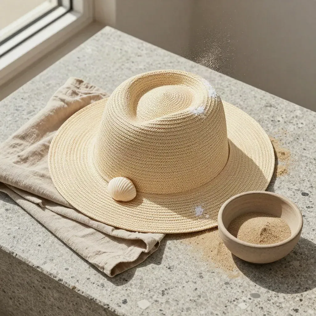 Cappello di paglia, conchiglia, lino ripiegato e ciotola sabbia su pietra chiara