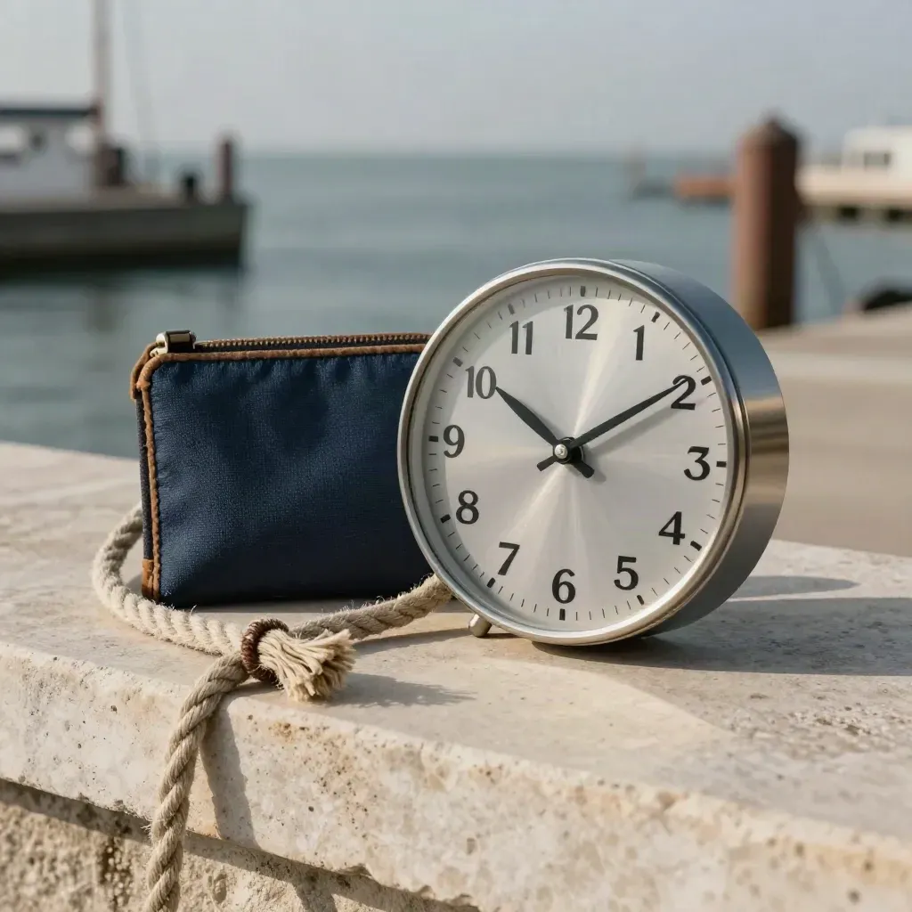 Orologio nautico, corda da banchina e portafoglio in tela su una banchina di pietra, luce morbida.