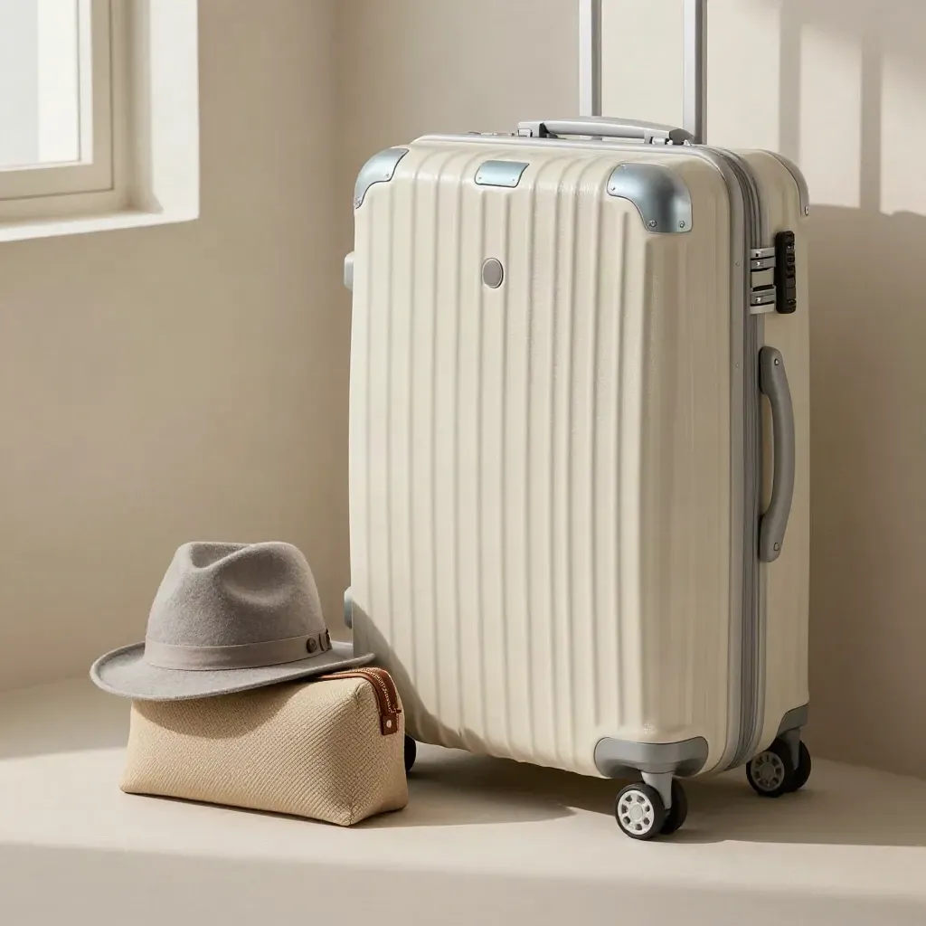 Valigia da cabina con cappello piegato e pochette da viaggio su sfondo chiaro